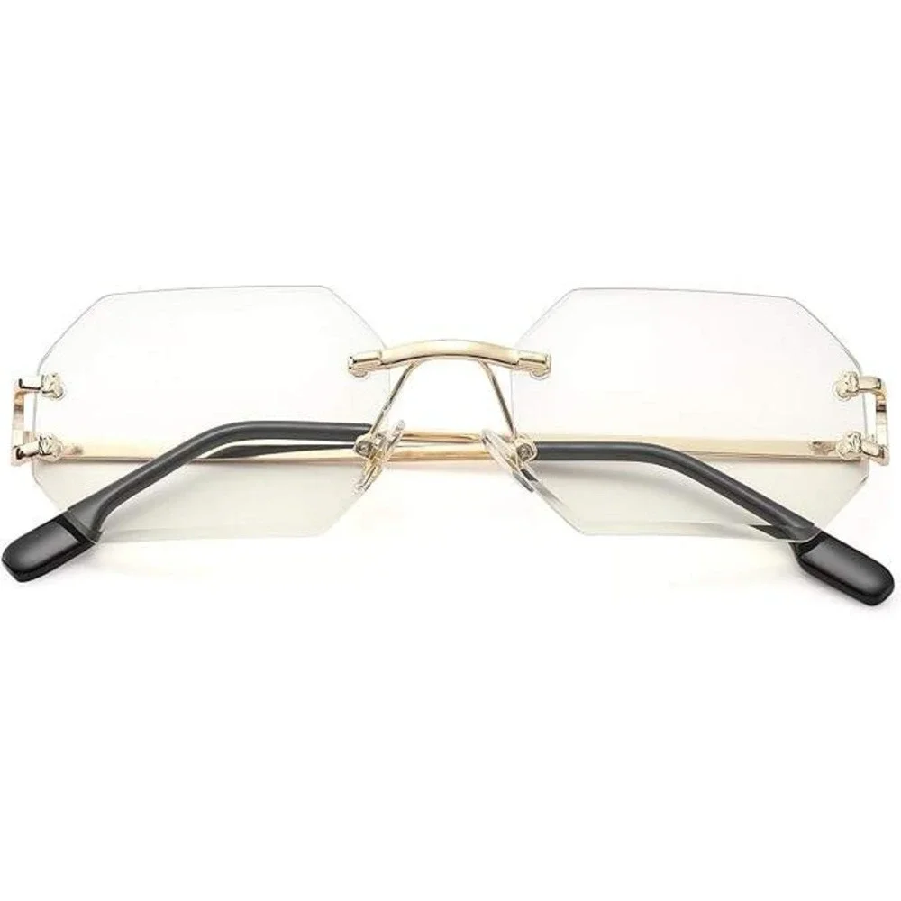 Rimless Sunglasses Men Octagon Clear Lens Gold Frame Fashion Eyewear Street Wear